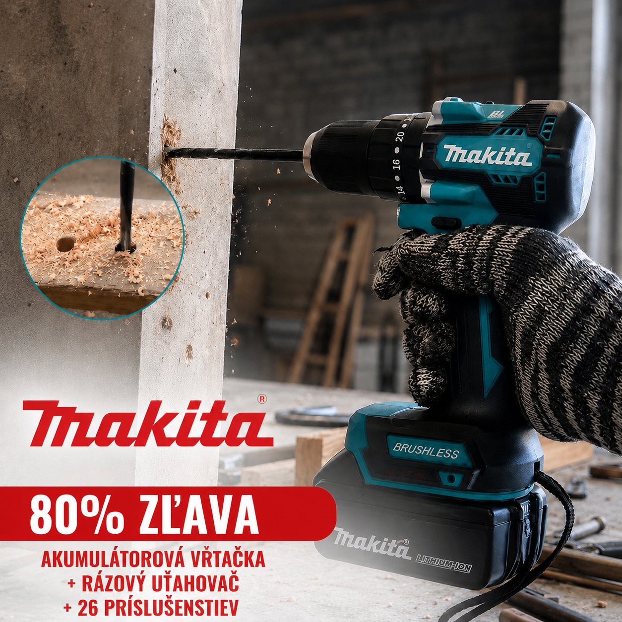 SÚPRAVA MAKITA: AKUMULÁTOROVÁ VŔTAČKA + RÁZOVÝ UŤAHOVAČ + 26 PRÍSLUŠENSTIEV + 2 BATÉRIE