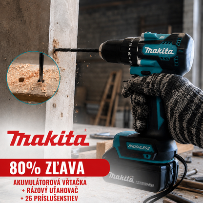 SÚPRAVA MAKITA: AKUMULÁTOROVÁ VŔTAČKA + RÁZOVÝ UŤAHOVAČ + 26 PRÍSLUŠENSTIEV + 2 BATÉRIE